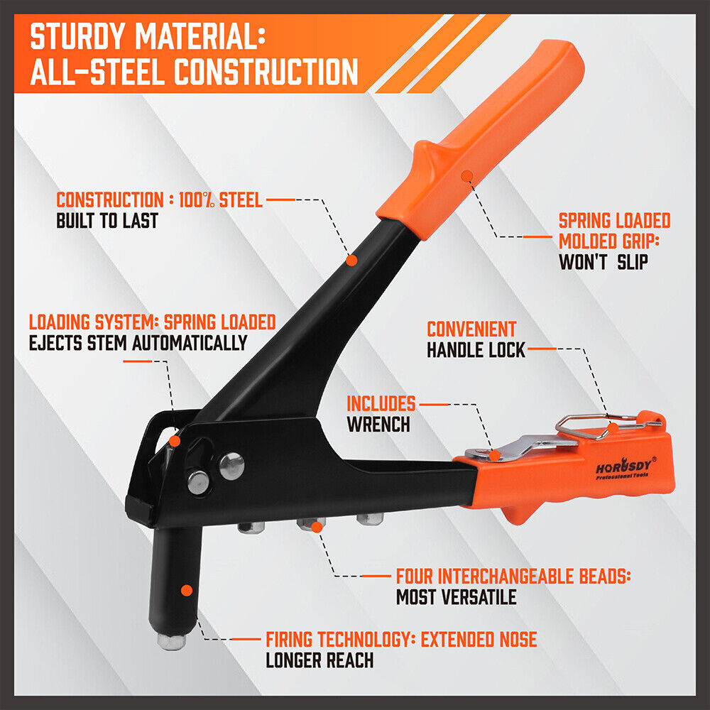 HORUSDY Heavy Duty 4-in-1 Pop Rivet Gun Set, Manual Riveter with Interchangeable Nozzles (5mm, 4mm, 3mm, 2mm) and Ergonomic Design for Easy Riveting