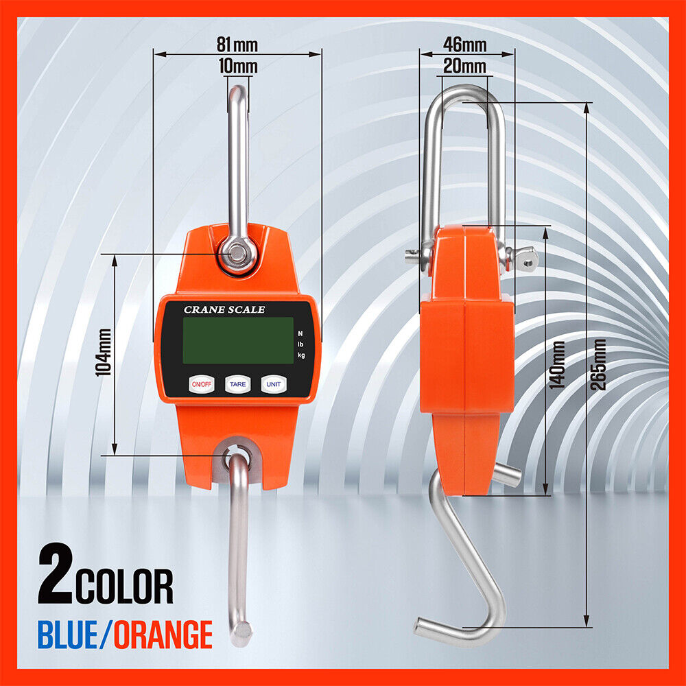 Compact and robust Mini Portable Crane Scale with a capacity of 300kg and precision of 0.1kg. Features a 55mm large LCD display, stainless steel load receptor, and aluminum casing. Versatile with multiple weighing modes and equipped with tare, manual/auto hold, and auto power off functions.