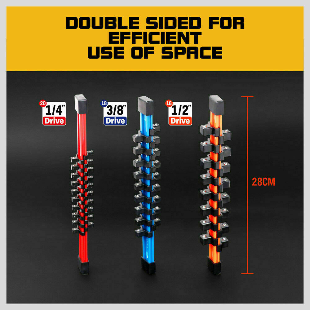 Color-coded 3Pc Socket Holder Set for 1/4", 3/8", 1/2" drives with ABS plastic clips for tool organization.