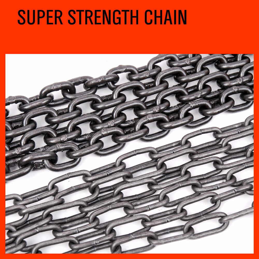 Heavy-duty 2 ton block and tackle with a 2.5M lifting chain, featuring 360-degree swivel hooks and automatic brake for secure hoisting