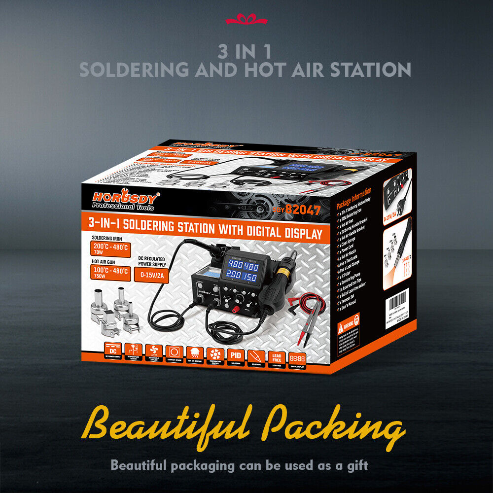 Comprehensive 3-in-1 Soldering and Rework Station with Digital Control, Various Accessories Included