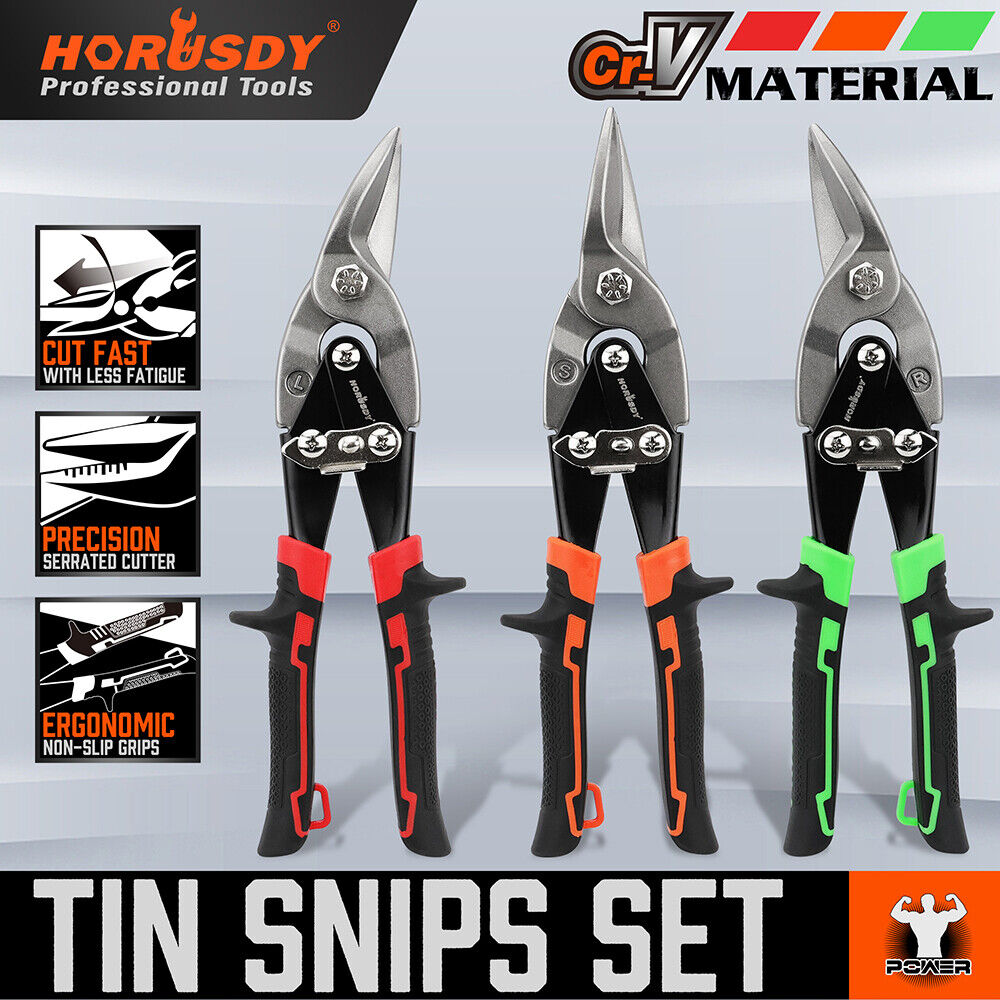HORUSDY 250mm Aviation Tin Snips Set with Left, Right, and Straight Cutters, featuring High-Leverage, Serrated-Edge Blades for Metal and Steel Sheet Cutting
