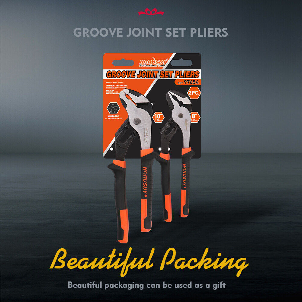 Two-piece set of Groove Joint Pliers featuring 8-inch and 10-inch sizes with non-slip heavy-duty grip.