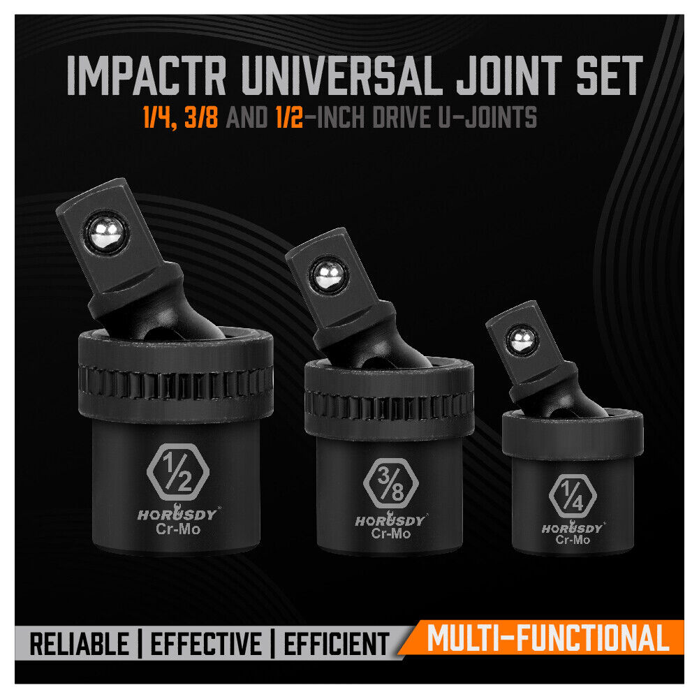 Image of the 3Pc Swivel Impact Socket Adapter Set, showcasing the 1/2", 3/8", and 1/4" adapters made from heat-treated black chrome molybdenum steel, with full 360-degree swivel motion and spring-loaded ball mechanism.