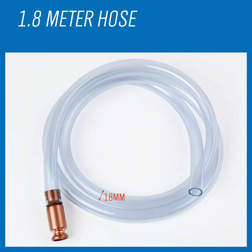 Syphon Jiggler Hose Pump featuring a 1.8-meter clear hose with a copper pump attachment. Designed for safe and efficient transfer of liquids, the anti-static hose is perfect for water, fuels, paints, and solvents. Easy-to-use with self-priming jiggle action, capable of transferring up to 3.5 gallons per minute