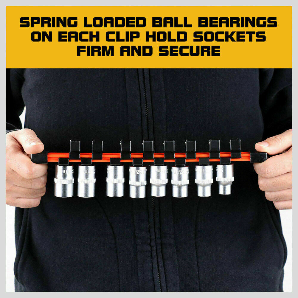 Color-coded 3Pc Socket Holder Set for 1/4", 3/8", 1/2" drives with ABS plastic clips for tool organization.