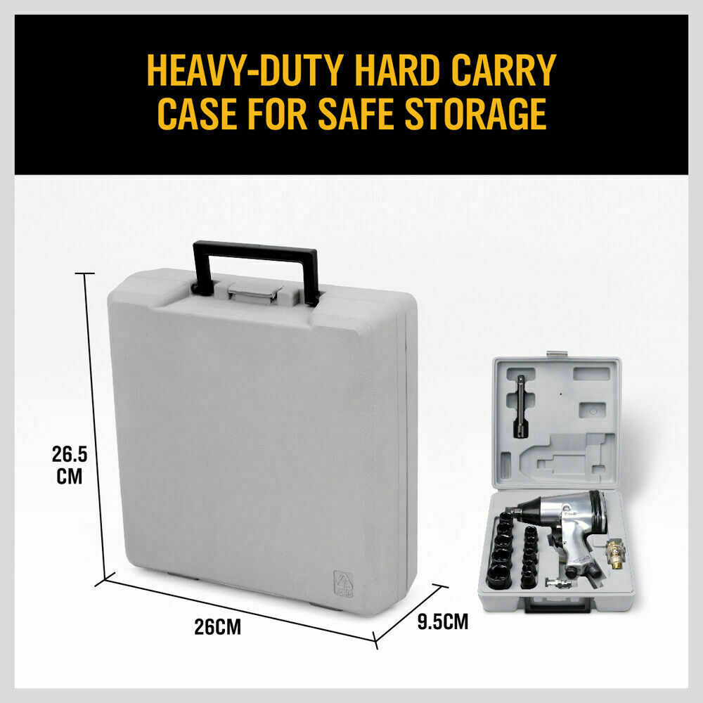 Complete 17-piece pneumatic air impact wrench kit with metric sockets and accessories for automotive and workshop use
