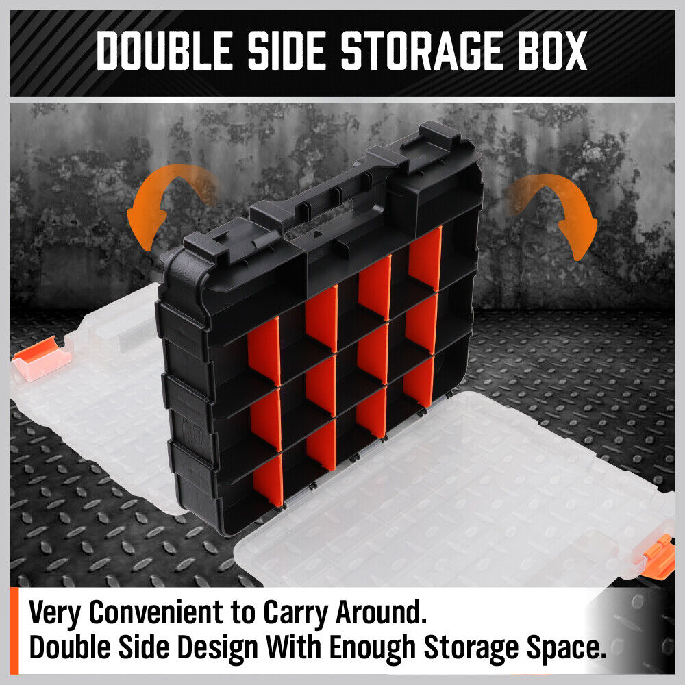 HORUSDY Double-Sided Tool Box with 34 Compartments, Removable Dividers, and Durable Impact-Resistant Design