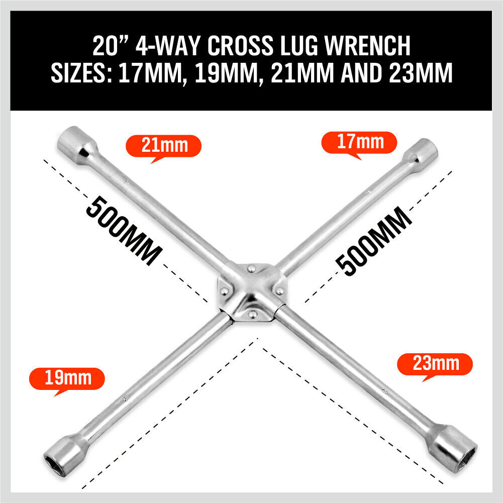 Heavy-Duty 20-Inch 4-Way Cross Wheel Wrench with 17mm, 19mm, 21mm, 23mm Sockets