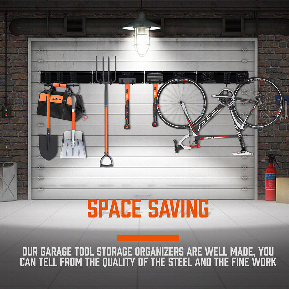 Versatile 15-Piece Wall Mount Hook Set for Organized Tool Storage on 64-Inch Heavy Duty Rail