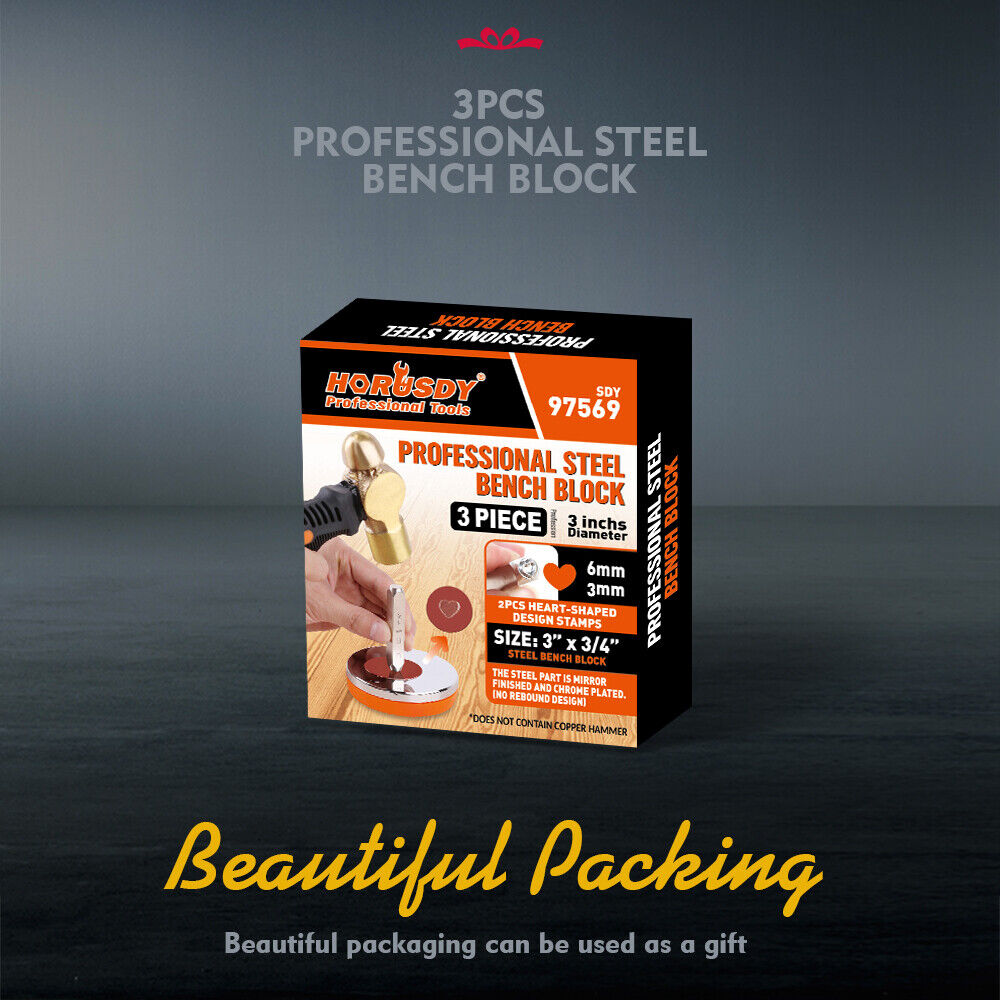 Round 3-inch steel bench block with mirror polish and soft base for jewelry stamping, including two punches.
