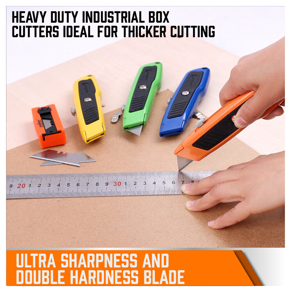 Set of 4 utility knives with snap-off blades, featuring retractable grip handles and a pack of 10 spare blades. Ideal for daily use in cutting cardboard, paper, wires, PVC, and crafts