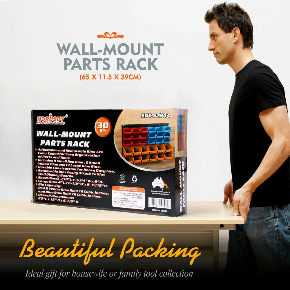 Wall-mounted storage bins rack with 30 durable bins in various colors for organized workshop and garage storage.