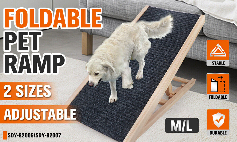 Adjustable foldable dog pet ramp with non-slip surface and practical wood construction for easy access and safety.