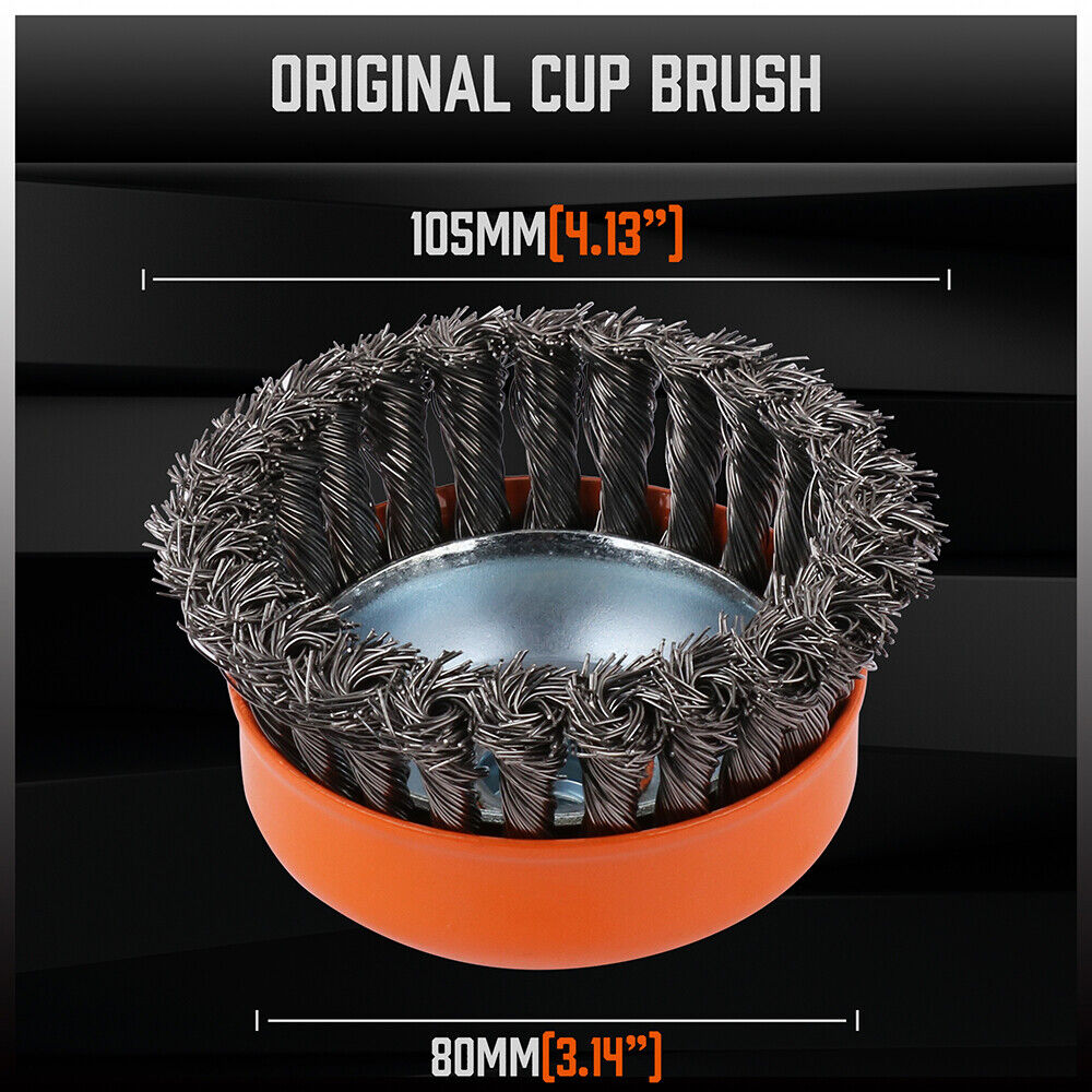 4-inch heavy-duty steel wire wheel cup brush for rust removal and surface preparation, compatible with M14 angle grinders