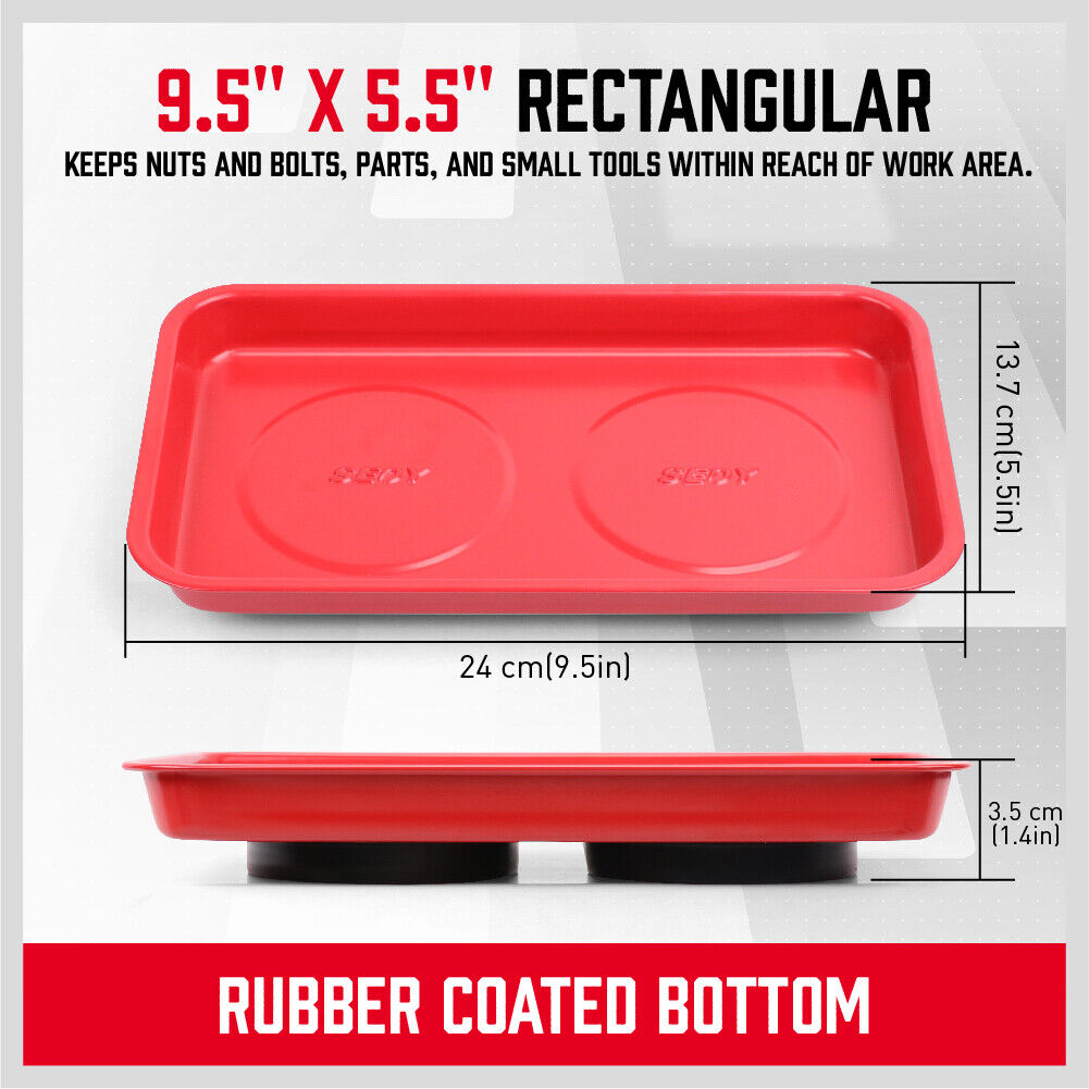Four-piece Magnetic Parts Holder Set featuring a wristband and three trays in different sizes and shapes. Includes one mini rectangular tray, one large round bowl, and one large rectangular tray, all made of solid stainless steel with strong magnets for secure tool holding