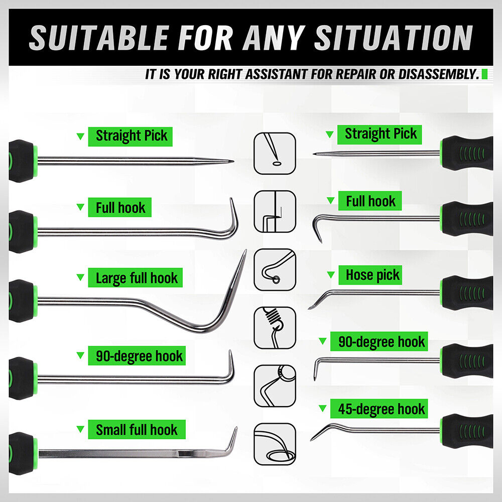 SWANLAKE 10-Piece Pick and Hook Set with CR-V Steel Shafts, Non-Slip Handles, and Storage Pouch for Automotive and Electronics Use