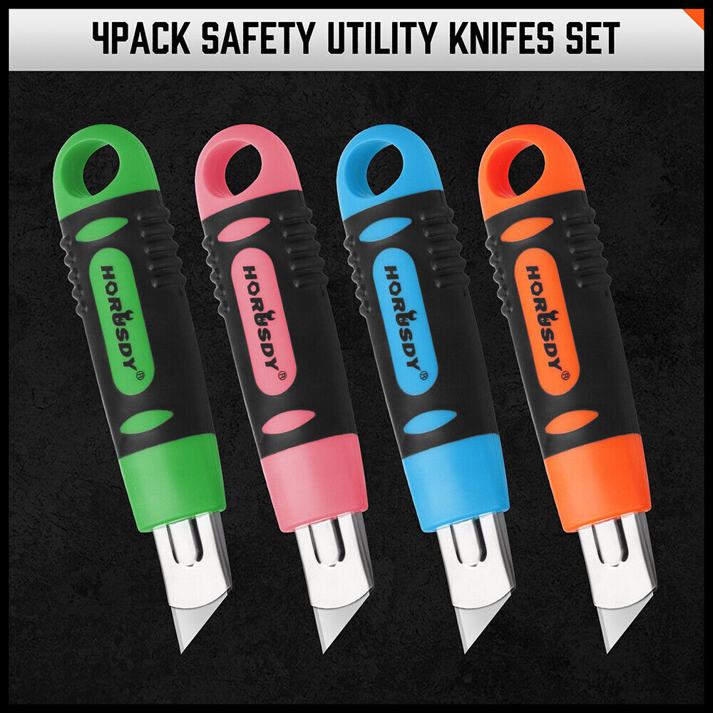 Set of four retractable box cutters with grip handles and 10 additional spare blades, ideal for cutting cardboard, paper, PVC, and crafts