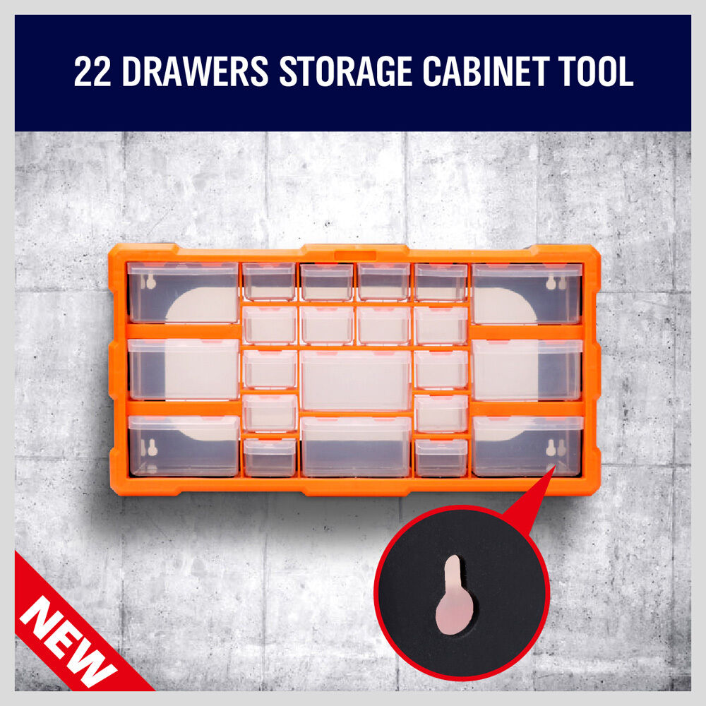 Durable 22-drawer plastic storage cabinet with versatile organization options for tools and supplies.