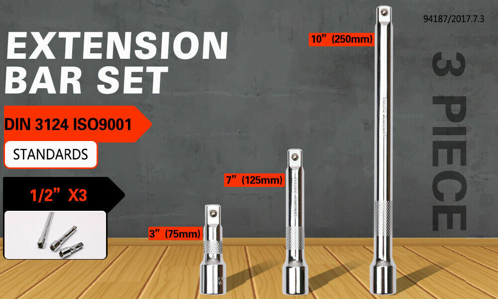 Robust 3-Piece Extension Bar Set with spring-loaded ball detent, knurled grip, and SmartKrome plating for 1/2" drive.