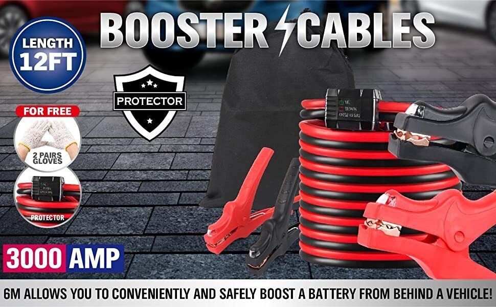 Heavy Duty 12FT 3000AMP Jumper Leads with Insulated Clamps and Reverse Polarity Alert for Safe Battery Boosting