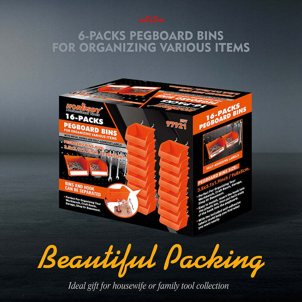 Versatile 16-piece pegboard bins set attached with sturdy steel hooks, perfect for organizing small parts and tools on standard pegboards