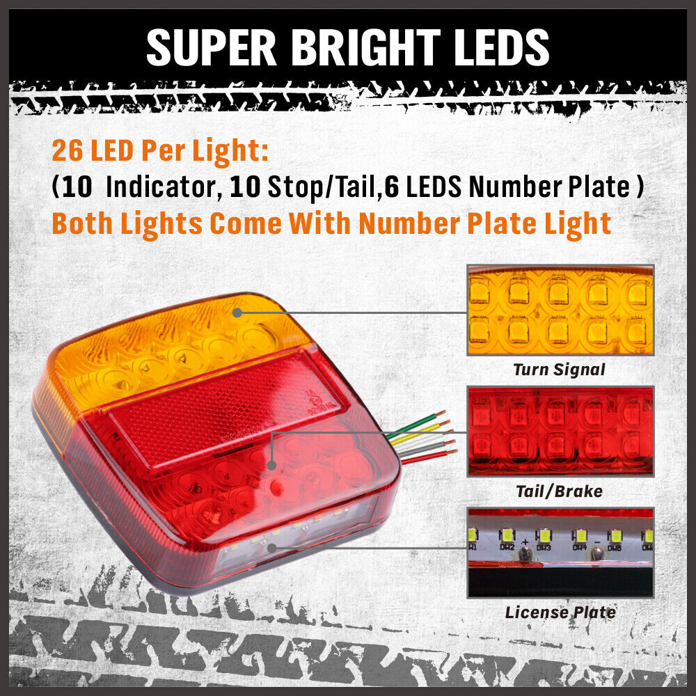 HORUSDY 12 LED Trailer Tail Light Kit, 100x100x23mm, 12V with 8m 5-Core Cable and 7-Pin Plug, Waterproof, Ideal for Caravans and Utes