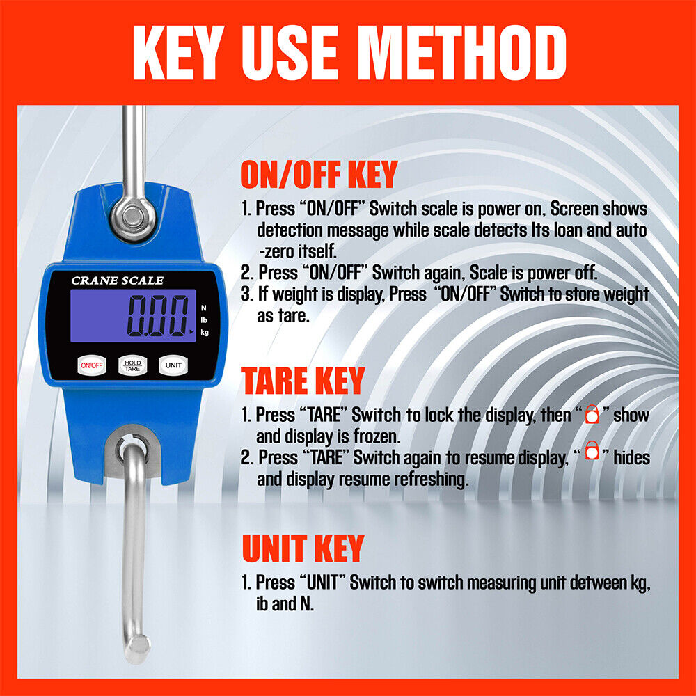Compact and robust Mini Portable Crane Scale with a capacity of 300kg and precision of 0.1kg. Features a 55mm large LCD display, stainless steel load receptor, and aluminum casing. Versatile with multiple weighing modes and equipped with tare, manual/auto hold, and auto power off functions.