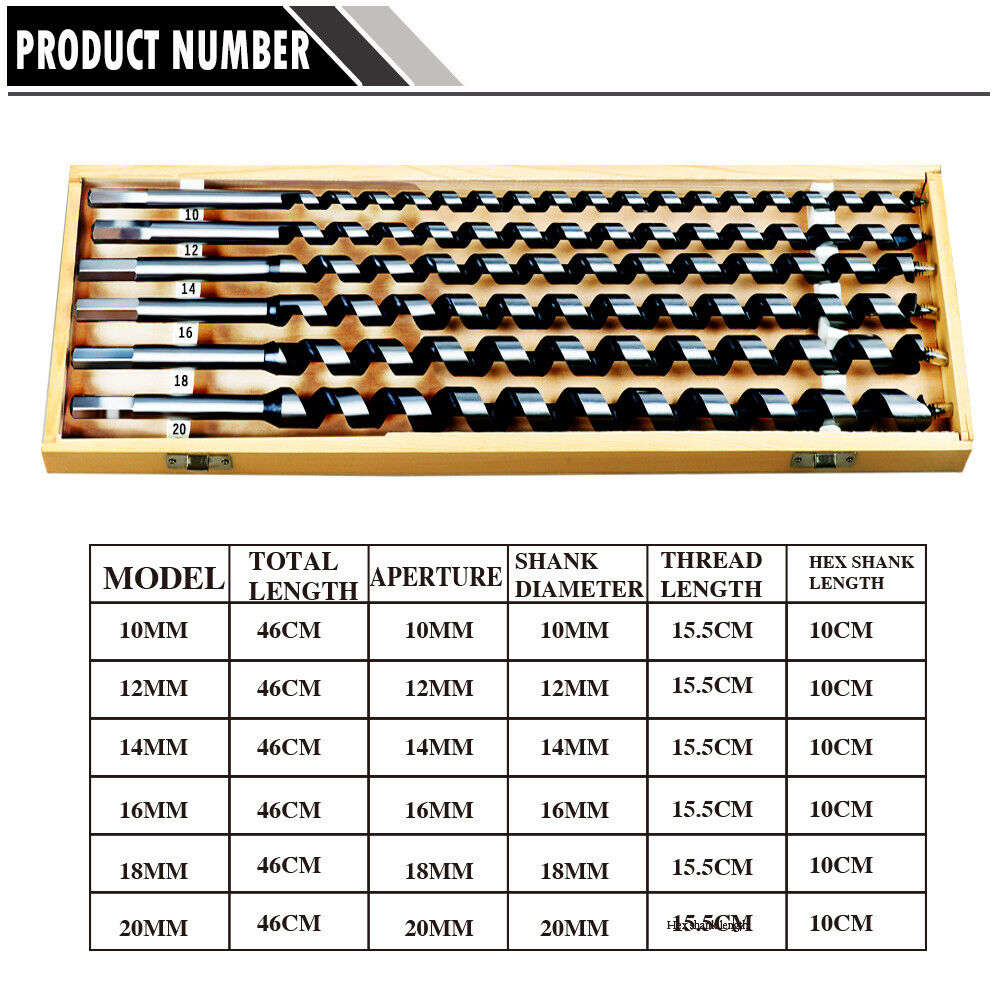 460mm Long 6Pc Auger Wood Drill Bits Set - 10-20mm Hex Shank, Includes Wooden Storage Box