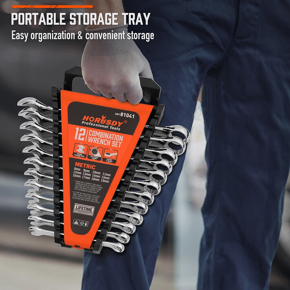 HORUSDY 12-Piece Metric Spanner Set, Chrome-Plated, Durable, Wear-Resistant, 8-19mm, Open & Ring Ended Wrenches, with Convenient Storage Clip