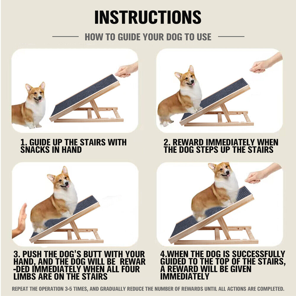 Adjustable foldable dog pet ramp with non-slip surface and practical wood construction for easy access and safety.