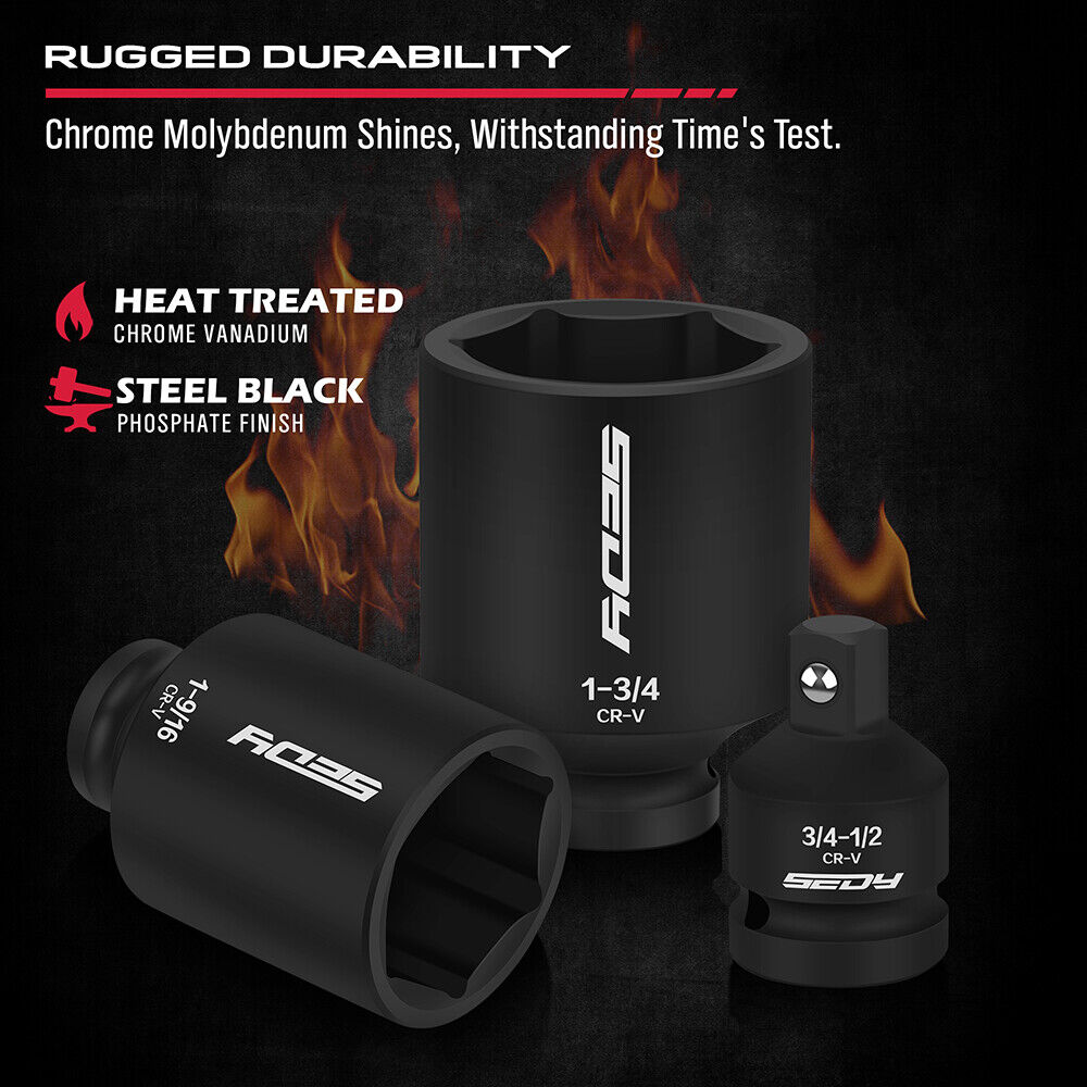 SEDY 8Pcs Deep Impact Socket Set with SAE Measurements and Adapter for Axle Nut Wrenches