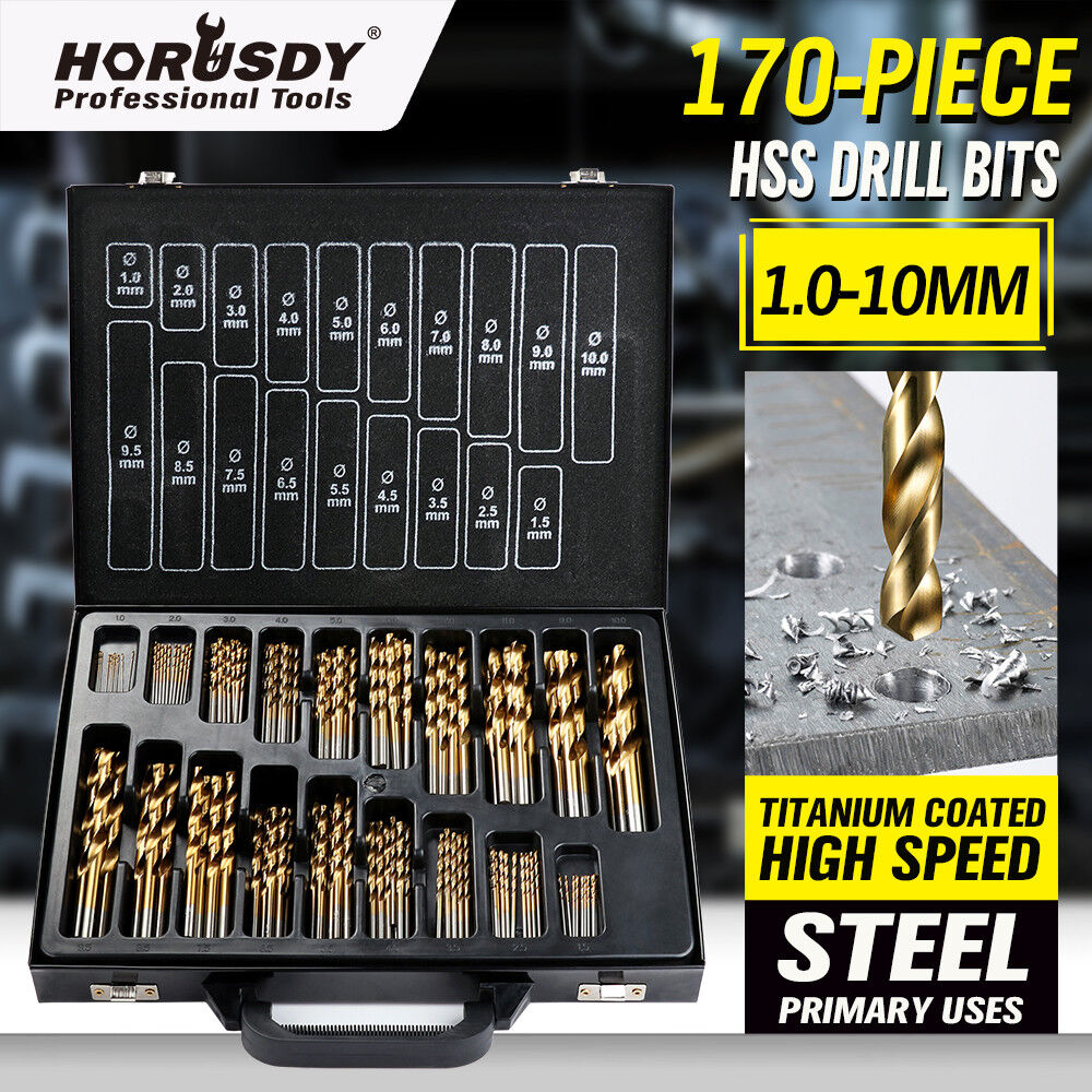 HORUSDY 170pcs Drill Bit Set, High-Speed Steel, Titanium Coated, Sizes 1-10mm, for Wood and Metal Drilling