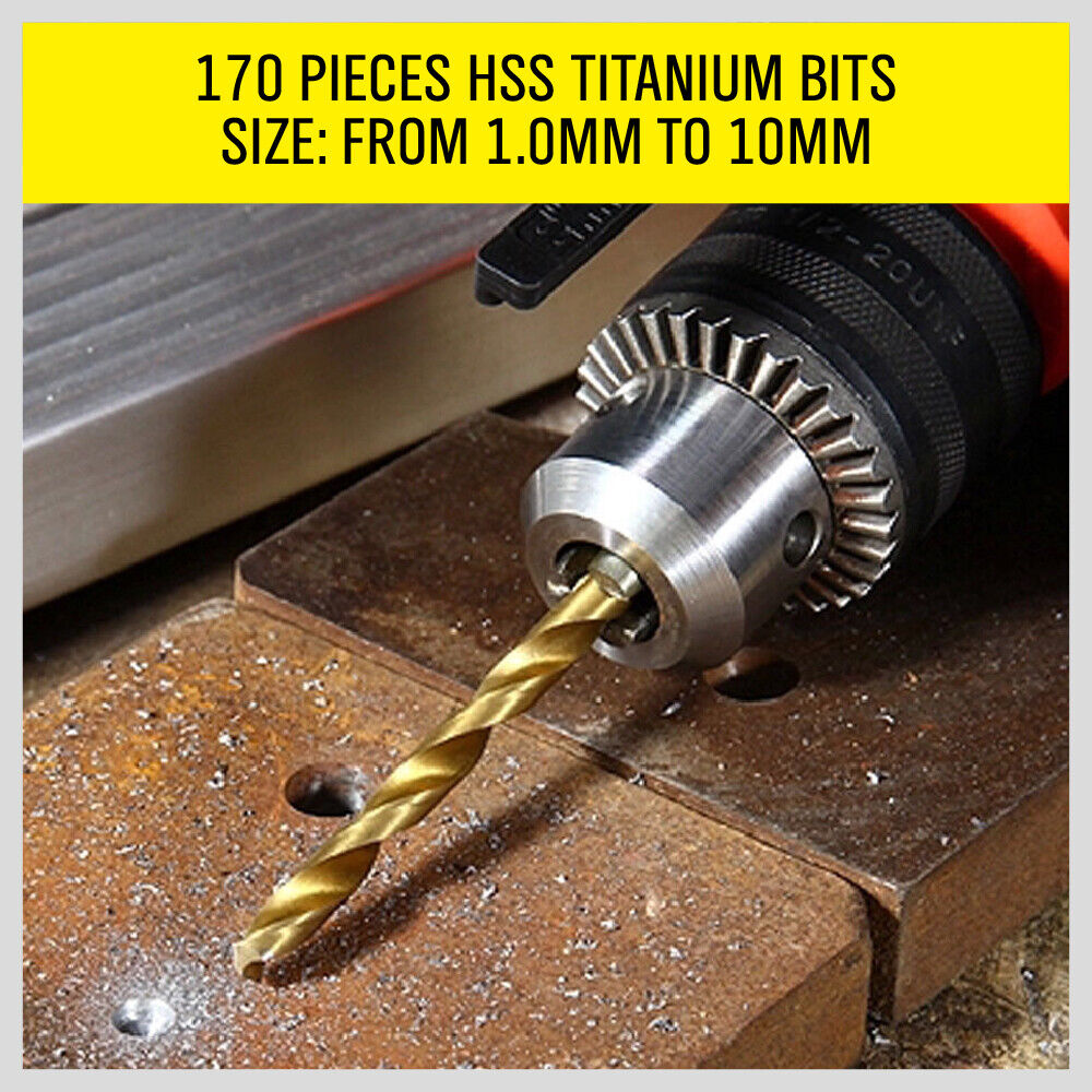 HORUSDY 170pcs Drill Bit Set, High-Speed Steel, Titanium Coated, Sizes 1-10mm, for Wood and Metal Drilling
