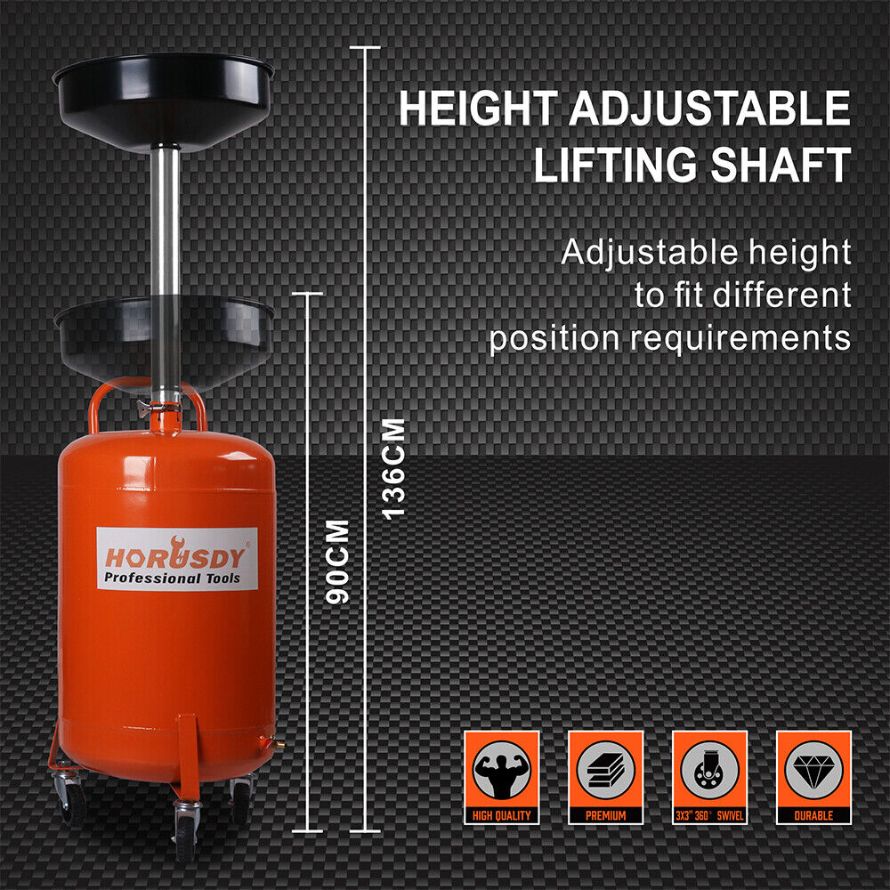 HORUSDY 80L Mobile Waste Oil Drainer with Telescopic Shaft, 90-136cm Adjustable, 10L Collection Pan for Efficient Workshop Fluid Management