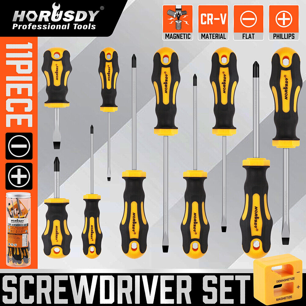 Durable HORUSDY 11-Piece Magnetic Screwdriver Set in Storage Box, Featuring Ergonomic Non-Slip Handles and Strong Magnetic Heads for Easy Screw Handling