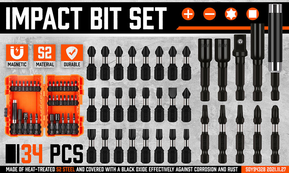 Comprehensive 34Pc Impact Screwdriver and Nut Driver Bit Set with Quick Release