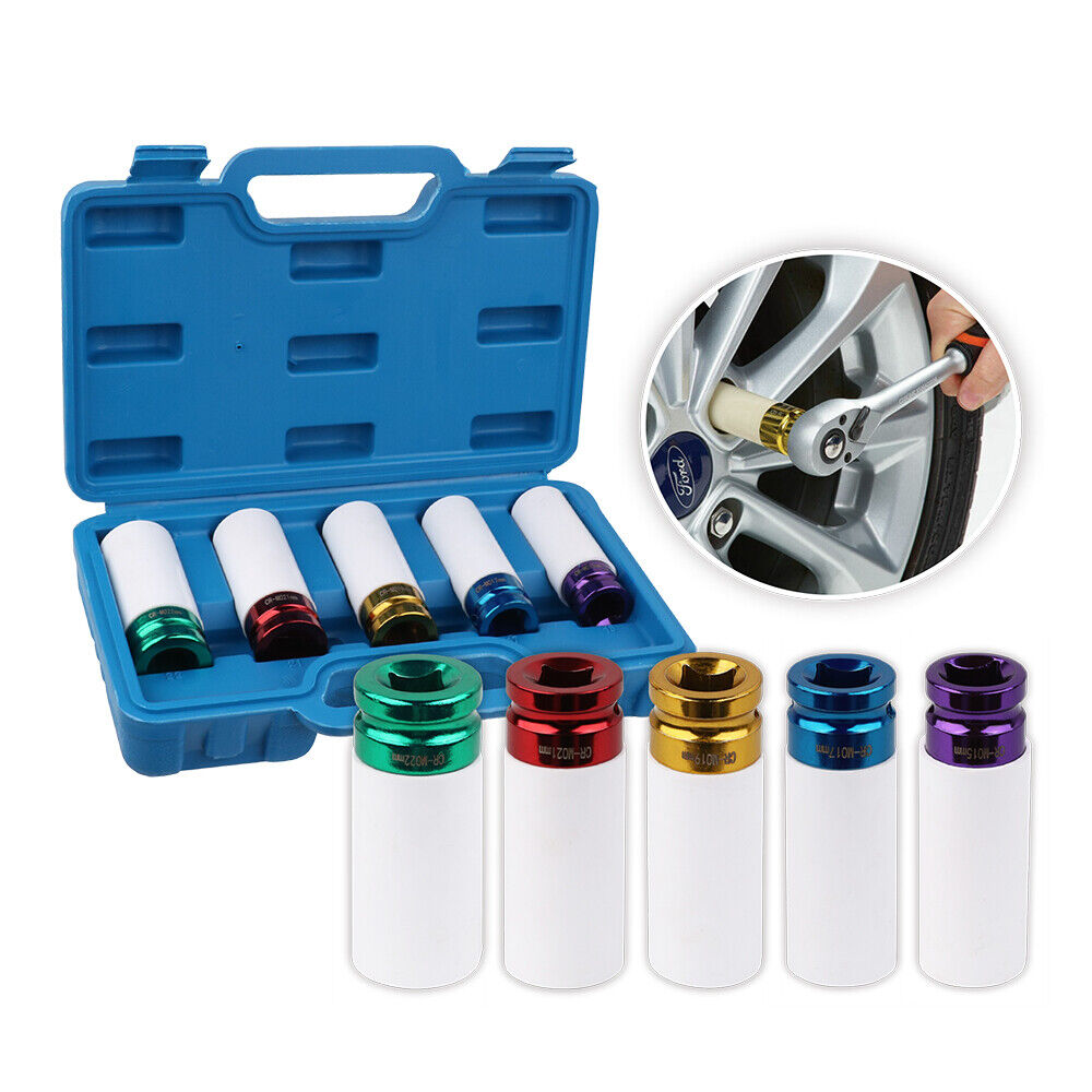 HORUSDY 5-Piece Impact Socket Set - Includes 15, 17, 19, 21, 22mm Sockets with 1/2 Inch Drive and Protective Nylon Sleeves for Alloy Wheels, in Color-Coded Design