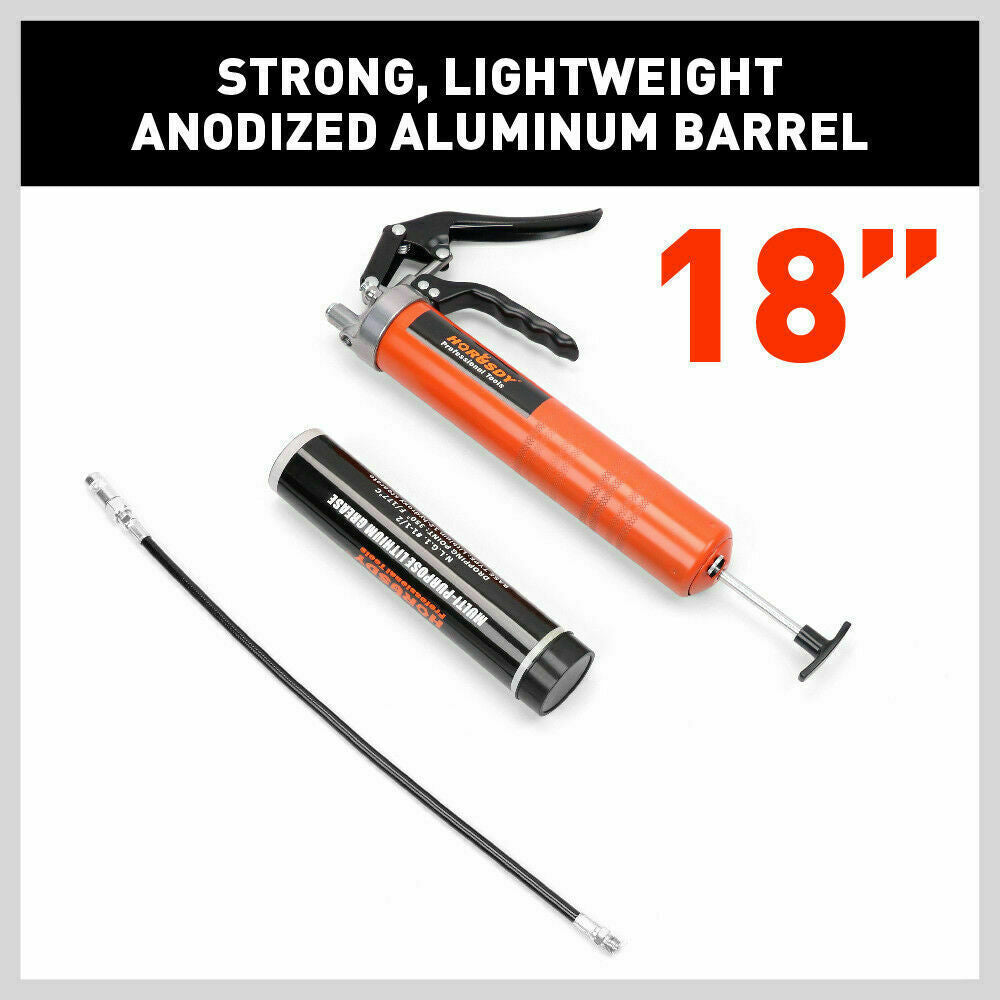 Manual 18-inch grease gun with a comfortable pistol grip lever, chrome-plated for durability, including a flexible hose and coupler with 4500PSI pressure