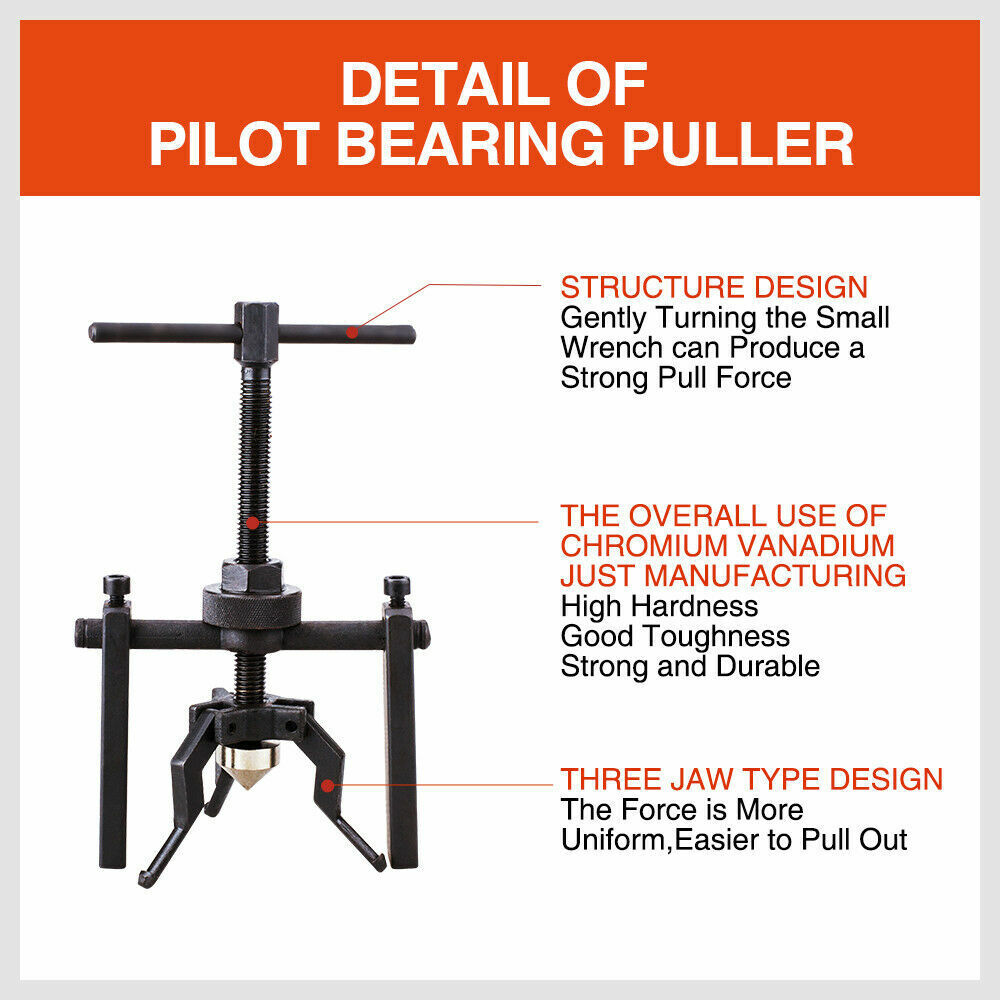 Sturdy steel 3-jaw pilot bearing puller for automotive flywheel, motorcycle wheel, and machinery bearings