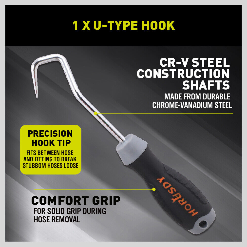Chrome-vanadium steel hose removal hooks, V-type and U-type, for automotive use.