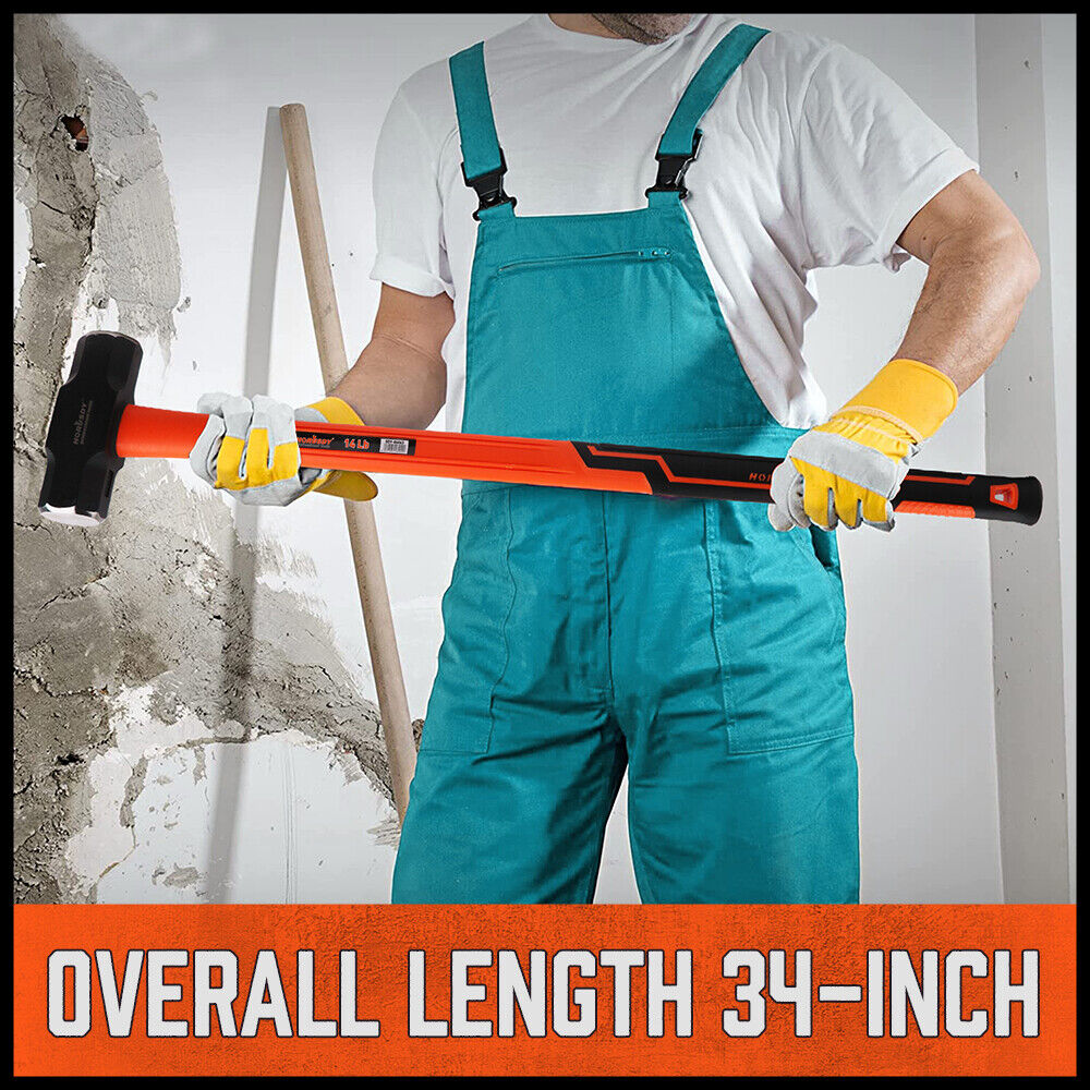 HORUSDY 14LB Steel Hammer, Double Octagonal Head, Impact-Resistant with Gripped Fiber Glass Rubber Handle for Stability