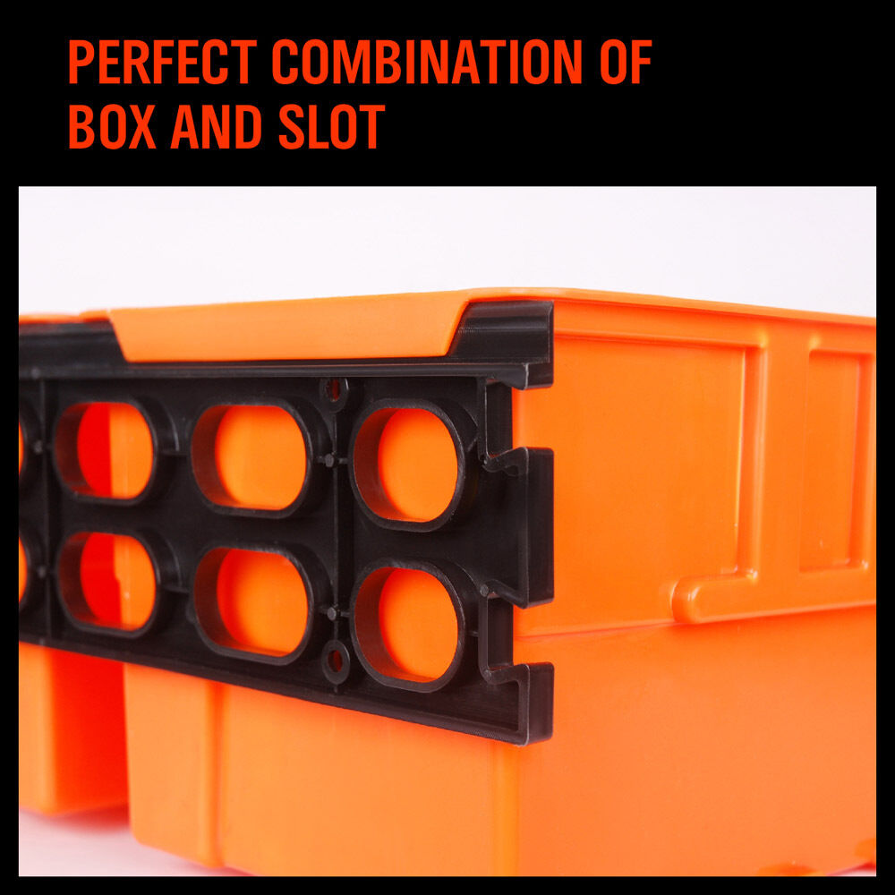 Red and orange stackable plastic parts storage bins with wall-mounted rack, ideal for organizing small tools, fishing tackle, and craft supplies