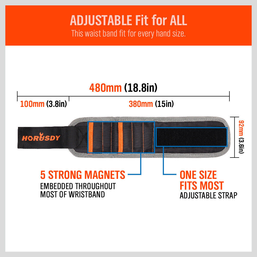Adjustable magnetic wristband with strong magnets for securing screws, bolts, and nails.