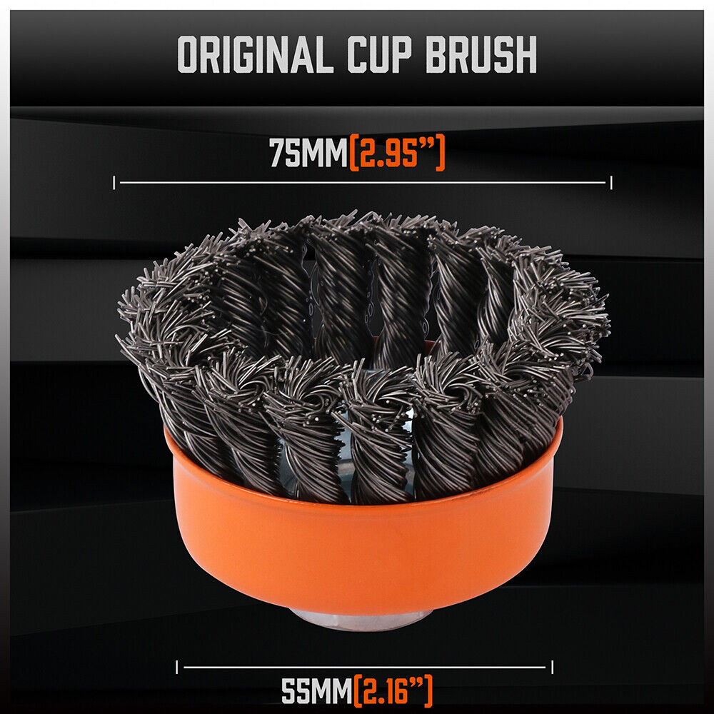 Durable 3-inch twist knot steel wire wheel cup brush for removing rust, weld scale, and burrs with M14 fitting.