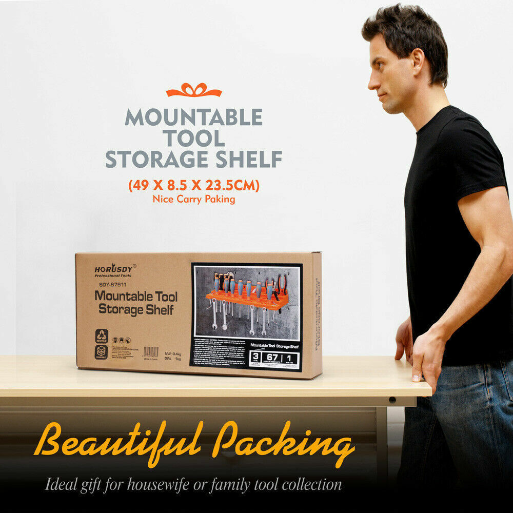 Wall-mounted tool storage rack with removable bins for organized and accessible tool keeping.