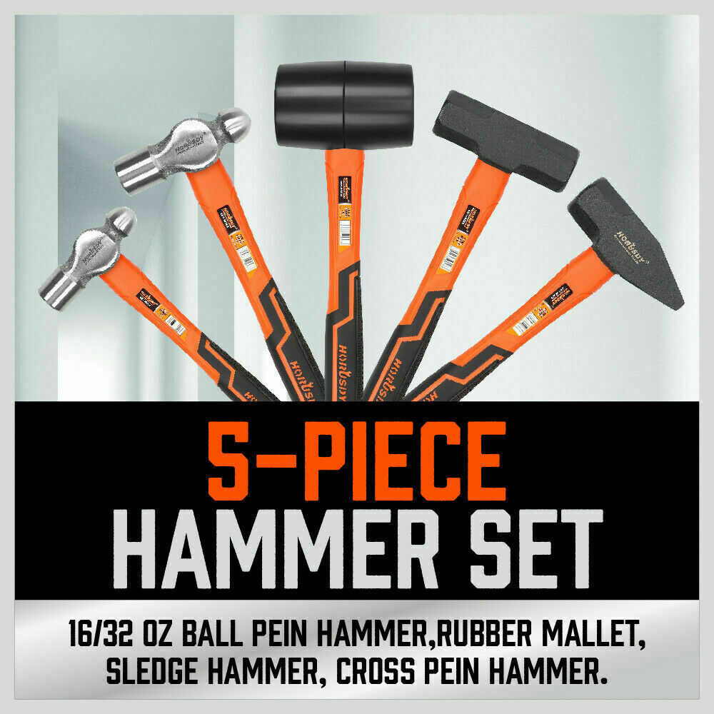 Comprehensive 5-Piece Hammer Set with TPR Grip Handles - Features Ball Pein, Rubber Mallet, Sledge, and Cross Pein Hammers