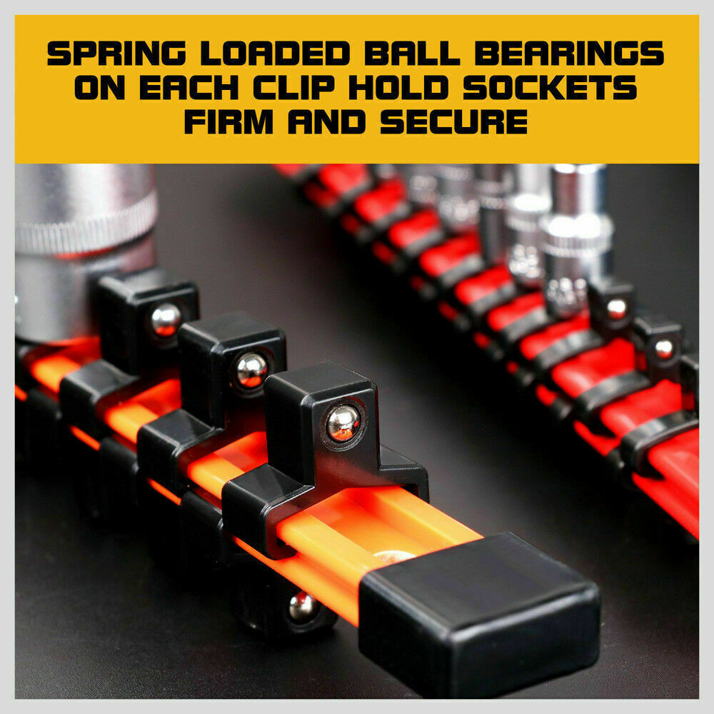 Color-coded 3Pc Socket Holder Set for 1/4", 3/8", 1/2" drives with ABS plastic clips for tool organization.