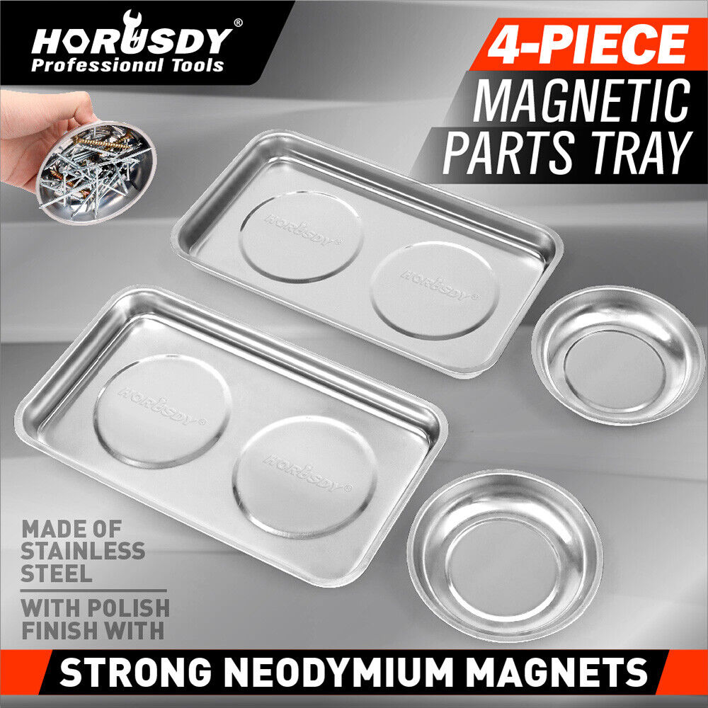 HORUSDY 4-Piece Magnetic Tool Tray and Bowl Set in Stainless Steel - Perfect for Holding Parts and Tools during Automotive Repairs
