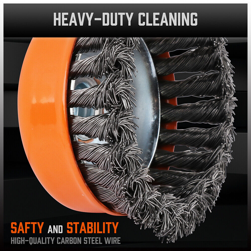 4-inch heavy-duty steel wire wheel cup brush for rust removal and surface preparation, compatible with M14 angle grinders